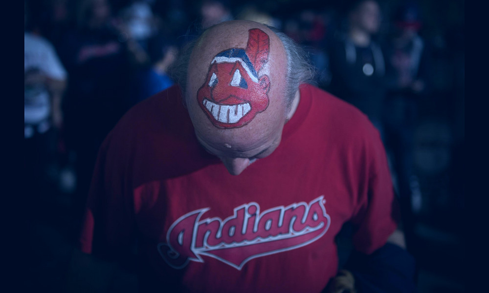 Cleveland Indians play final game with grinning Native American caricature  “Chief Wahoo” logo.