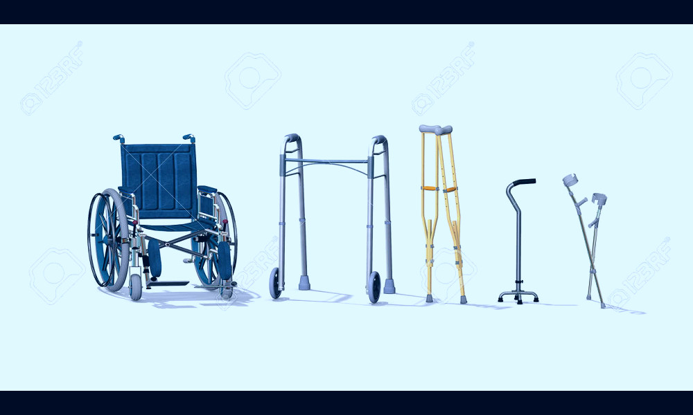 A Collection Of Mobility Aids Including A Wheelchair, Walker, Crutches,  Quad Cane, And Forearm Crutches - 3d Render. Stock Photo, Picture And  Royalty Free Image. Image 63982326.
