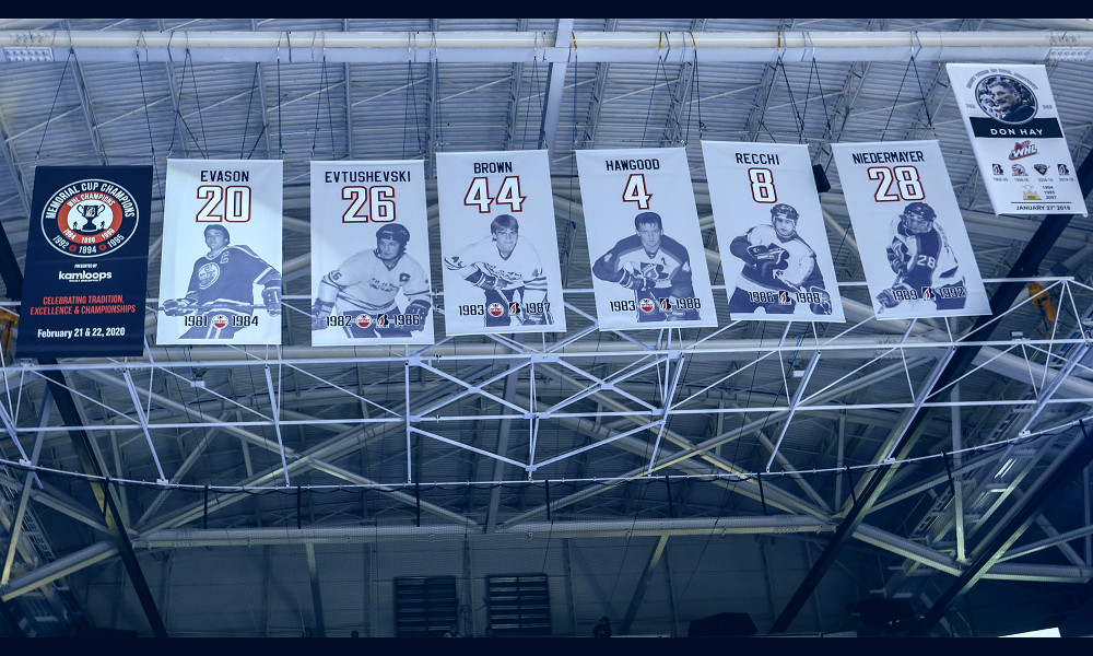 New banners for retired jersey numbers unveiled and raised_4150 – Kamloops  Blazers