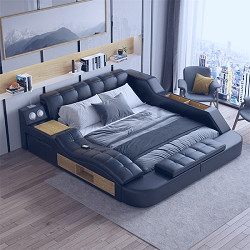 Black Smart Bed King Size Tufted Platform Bed with Massage, Storage &  Speaker-Homary
