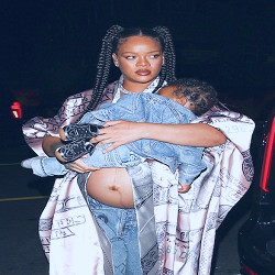 Rihanna Matches With Son RZA In Denim and Money-Print Coat